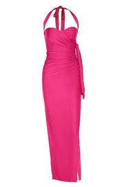 Halter Hot Pink Ruched Fitted Long Dress