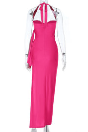 Halter Hot Pink Ruched Fitted Long Dress