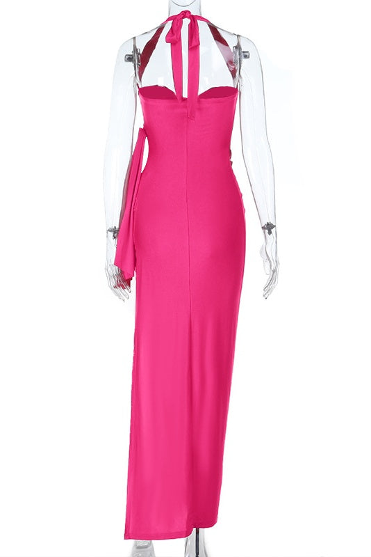 Halter Hot Pink Ruched Fitted Long Dress
