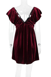 Burgundy Velvet Cap Sleeves Short Dress