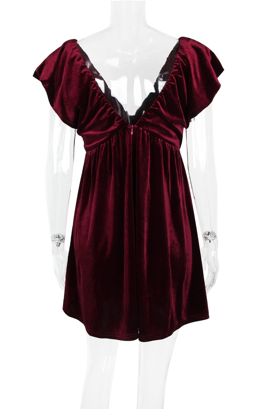 Burgundy Velvet Cap Sleeves Short Dress