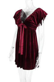 Burgundy Velvet Cap Sleeves Short Dress