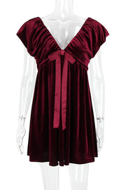 Burgundy Velvet Cap Sleeves Short Dress