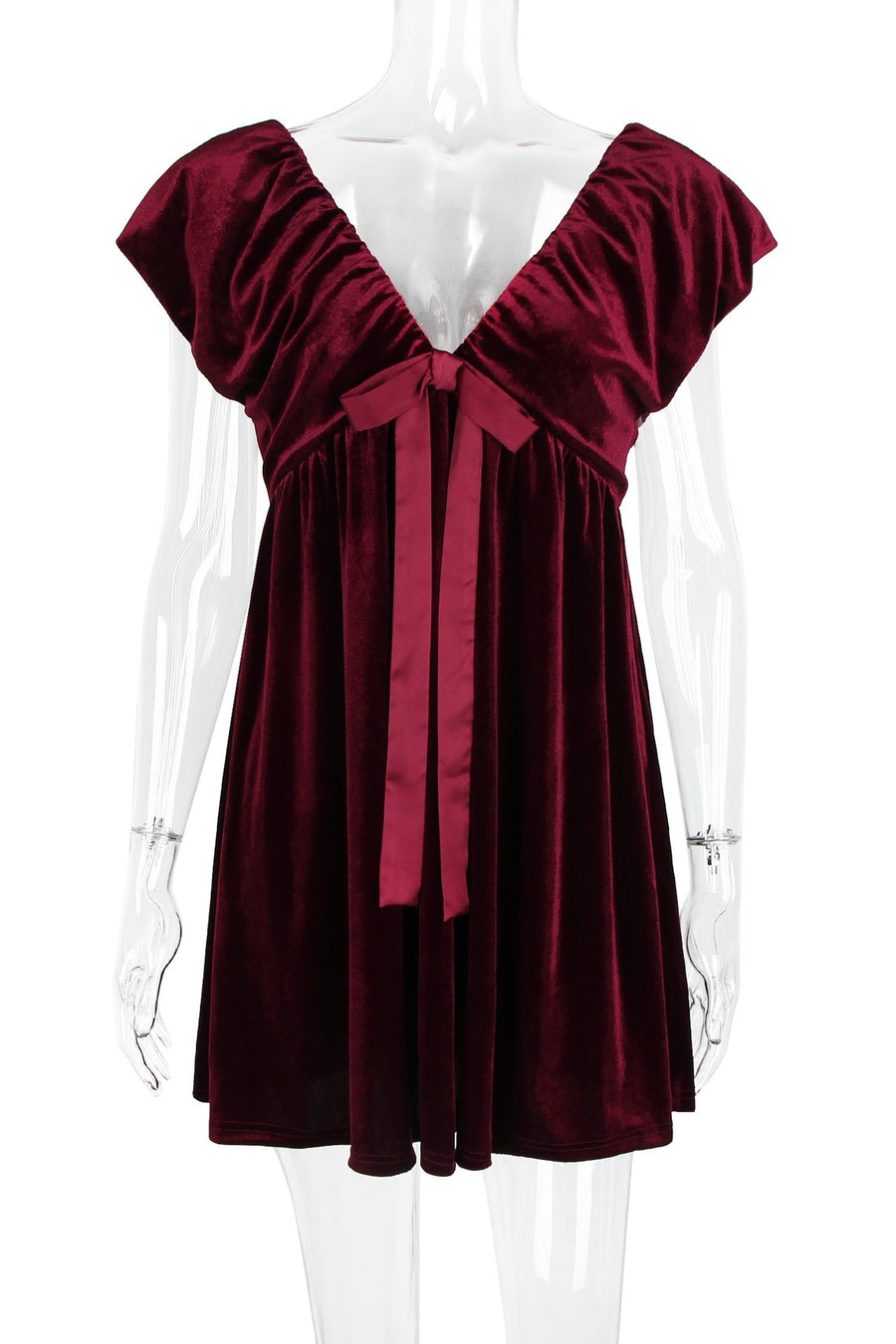 Burgundy Velvet Cap Sleeves Short Dress