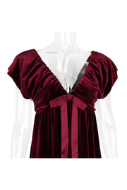 Burgundy Velvet Cap Sleeves Short Dress