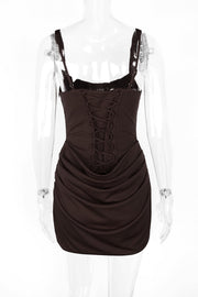 Brown Square Neck Ruched Tight Short Dress