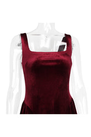 Burgundy Velvet Square Neck A-line Short Dress