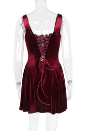 Burgundy Velvet Square Neck A-line Short Dress