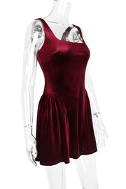 Burgundy Velvet Square Neck A-line Short Dress