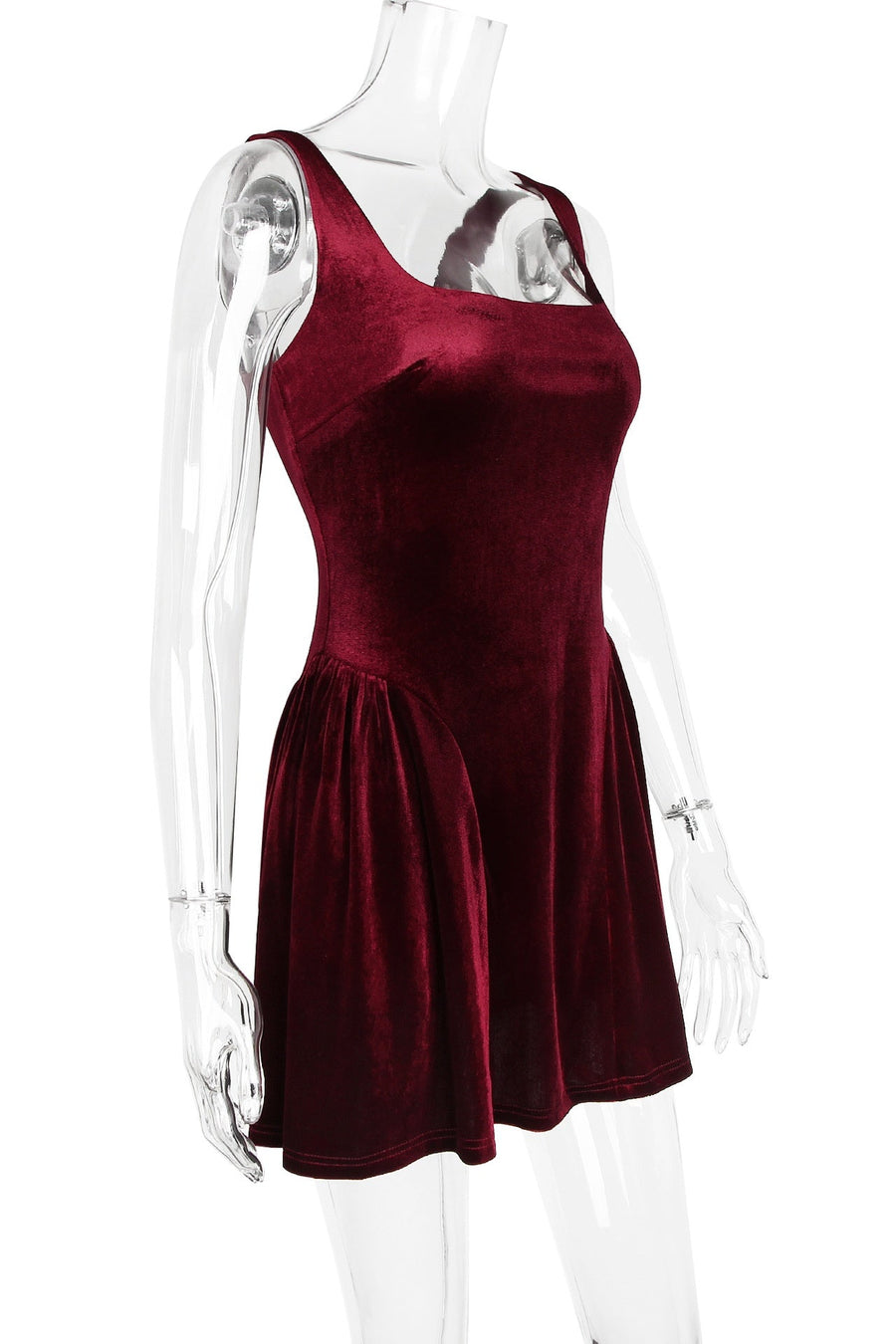 Burgundy Velvet Square Neck A-line Short Dress