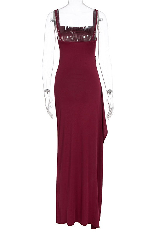 Burgundy Spandex Square Neck Frill Long Dress