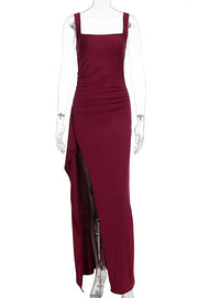 Burgundy Spandex Square Neck Frill Long Dress