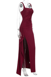 Burgundy Spandex Square Neck Frill Long Dress
