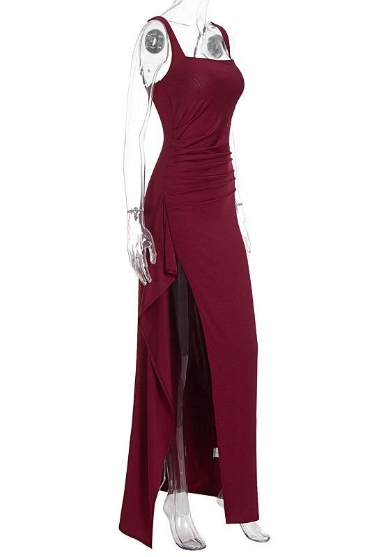 Burgundy Spandex Square Neck Frill Long Dress