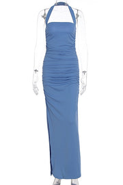 Blue Halter Fitted Long Slit Dress