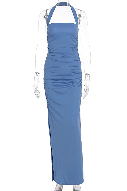 Blue Halter Fitted Long Slit Dress