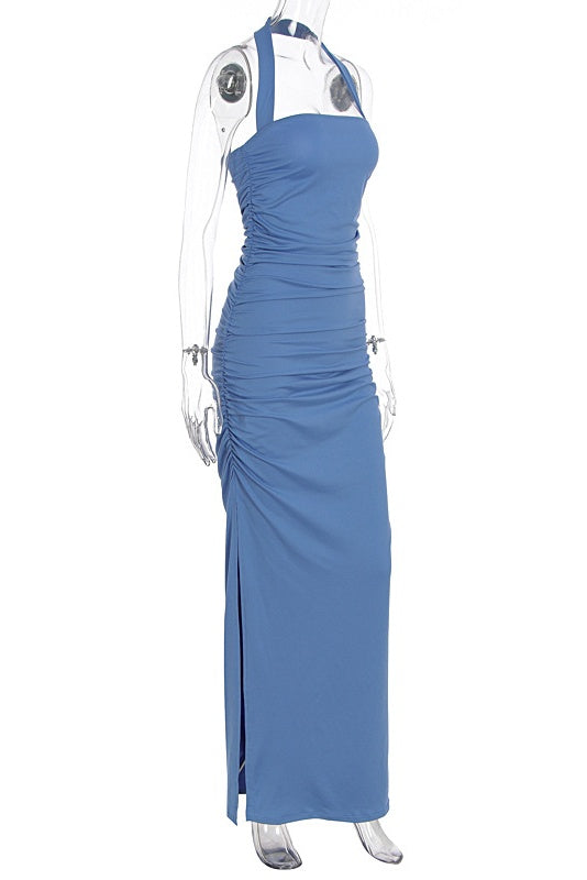 Blue Halter Fitted Long Slit Dress