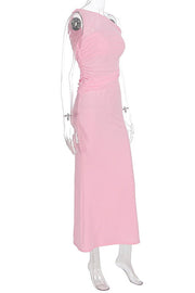 One Shoulder Pink Cutout Fitted Long Dress