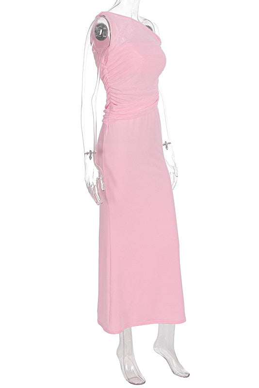 One Shoulder Pink Cutout Fitted Long Dress