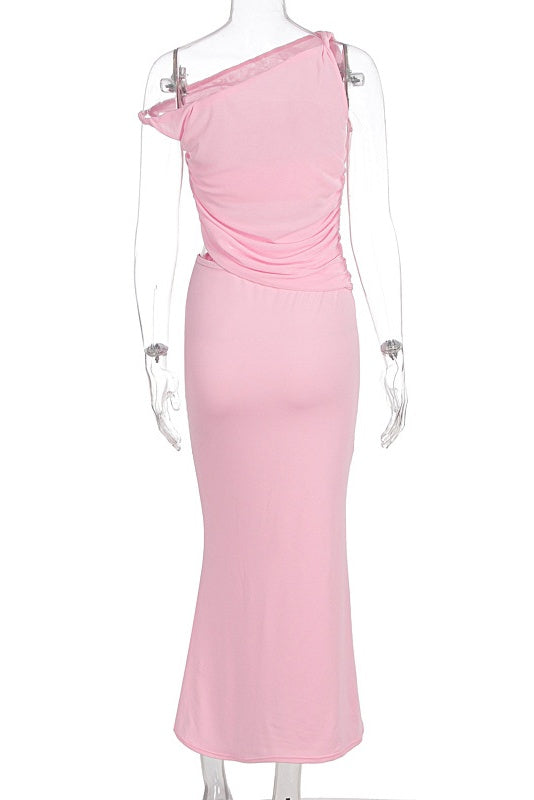 One Shoulder Pink Cutout Fitted Long Dress