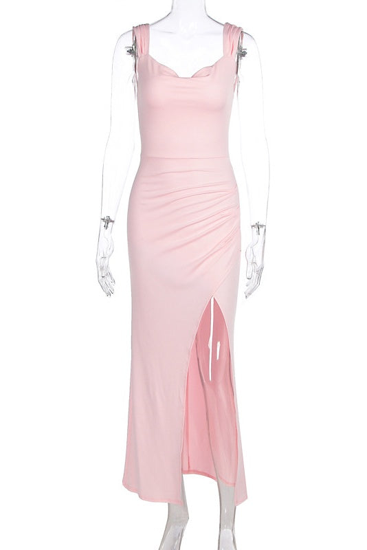 Pink Cowl Neck Fitted Slit Long Dress