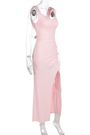 Pink Cowl Neck Fitted Slit Long Dress