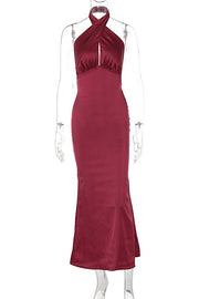 Burgundy Satin Halter Fitted Long Dress