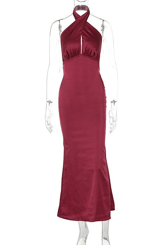 Burgundy Satin Halter Fitted Long Dress
