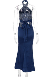 Burgundy Satin Halter Fitted Long Dress