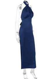 Burgundy Satin Halter Fitted Long Dress