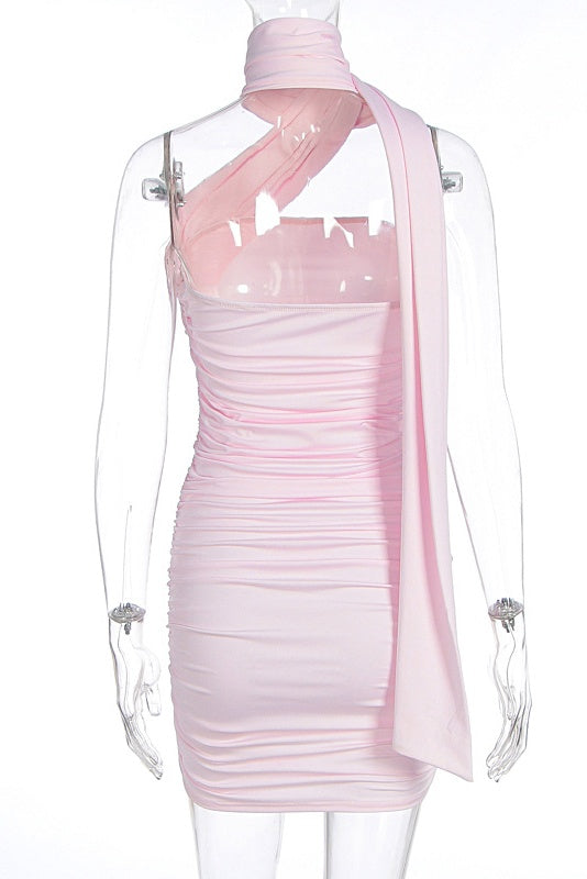Light Pink One Shoulder Tight Short Dress