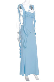 Ruffle Straps Blue Fitted Long Dress