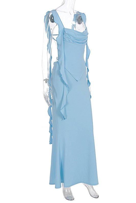 Ruffle Straps Blue Fitted Long Dress