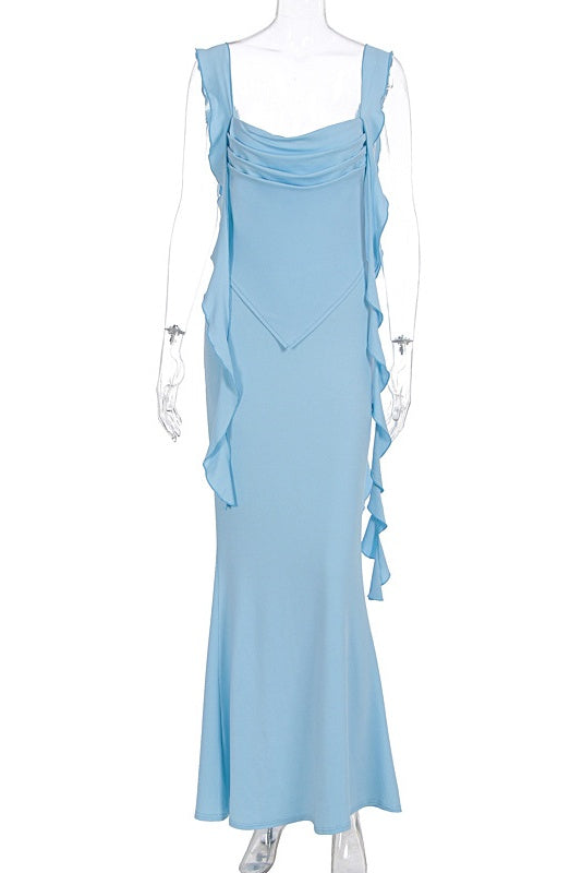 Ruffle Straps Blue Fitted Long Dress