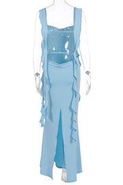 Ruffle Straps Blue Fitted Long Dress