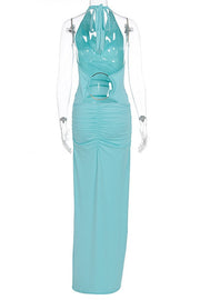 Teal Halter Cowl Neck Fitted Maxi Dress