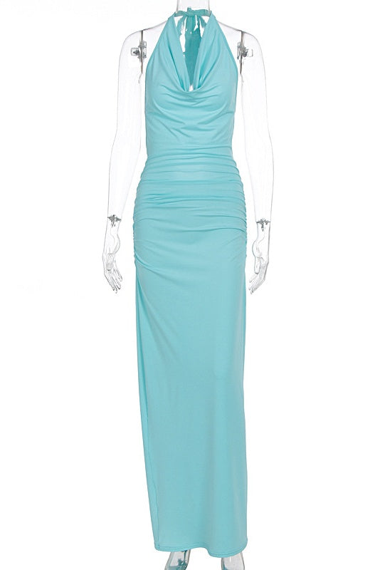 Teal Halter Cowl Neck Fitted Maxi Dress