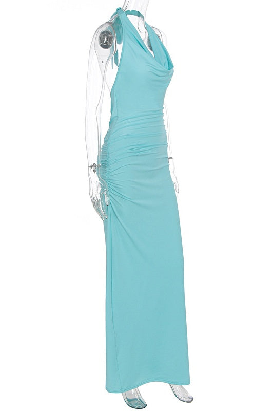 Teal Halter Cowl Neck Fitted Maxi Dress