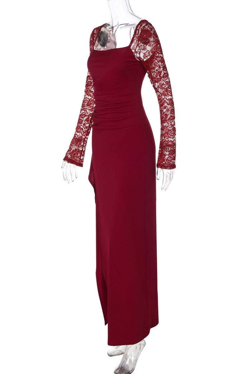 Wine Red Long Sleeves Frill Slit Long Dress