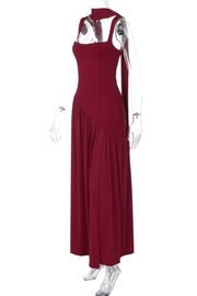 Burgundy Halter Ribbon Side Slit Maxi Dress