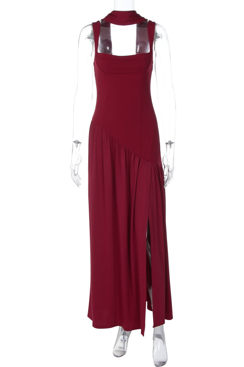 Burgundy Halter Ribbon Side Slit Maxi Dress