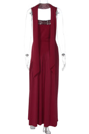 Burgundy Halter Ribbon Side Slit Maxi Dress
