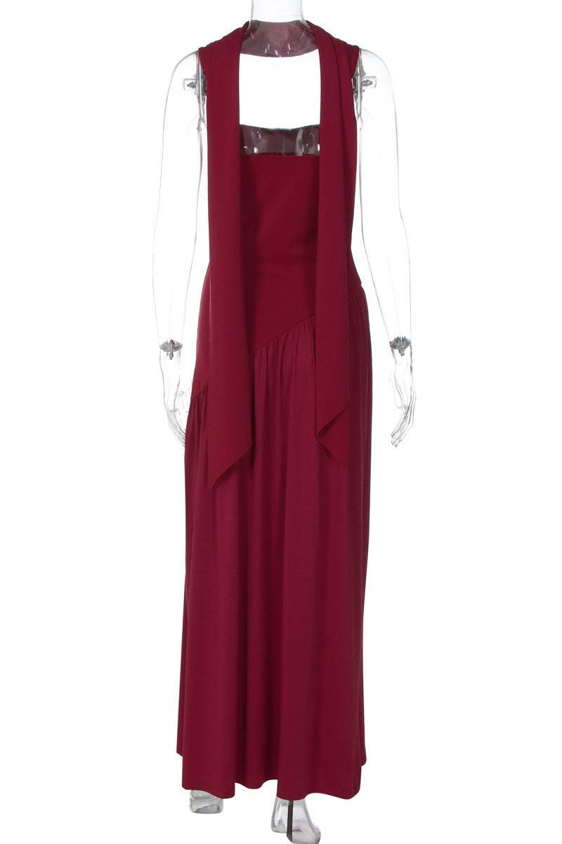Burgundy Halter Ribbon Side Slit Maxi Dress