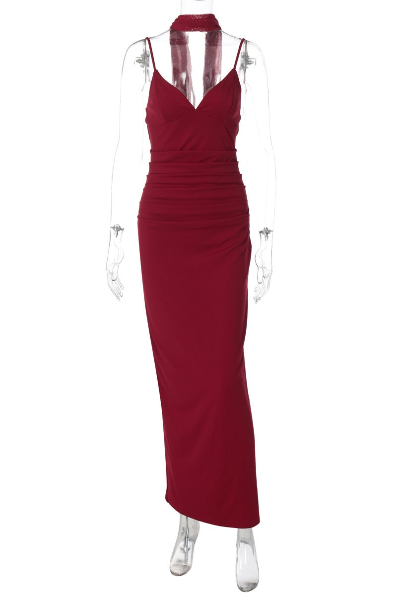 Wine Red V Neck Fitted Long Maxi Dress