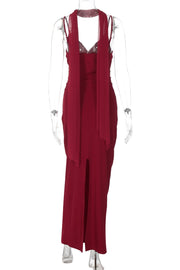 Wine Red V Neck Fitted Long Maxi Dress