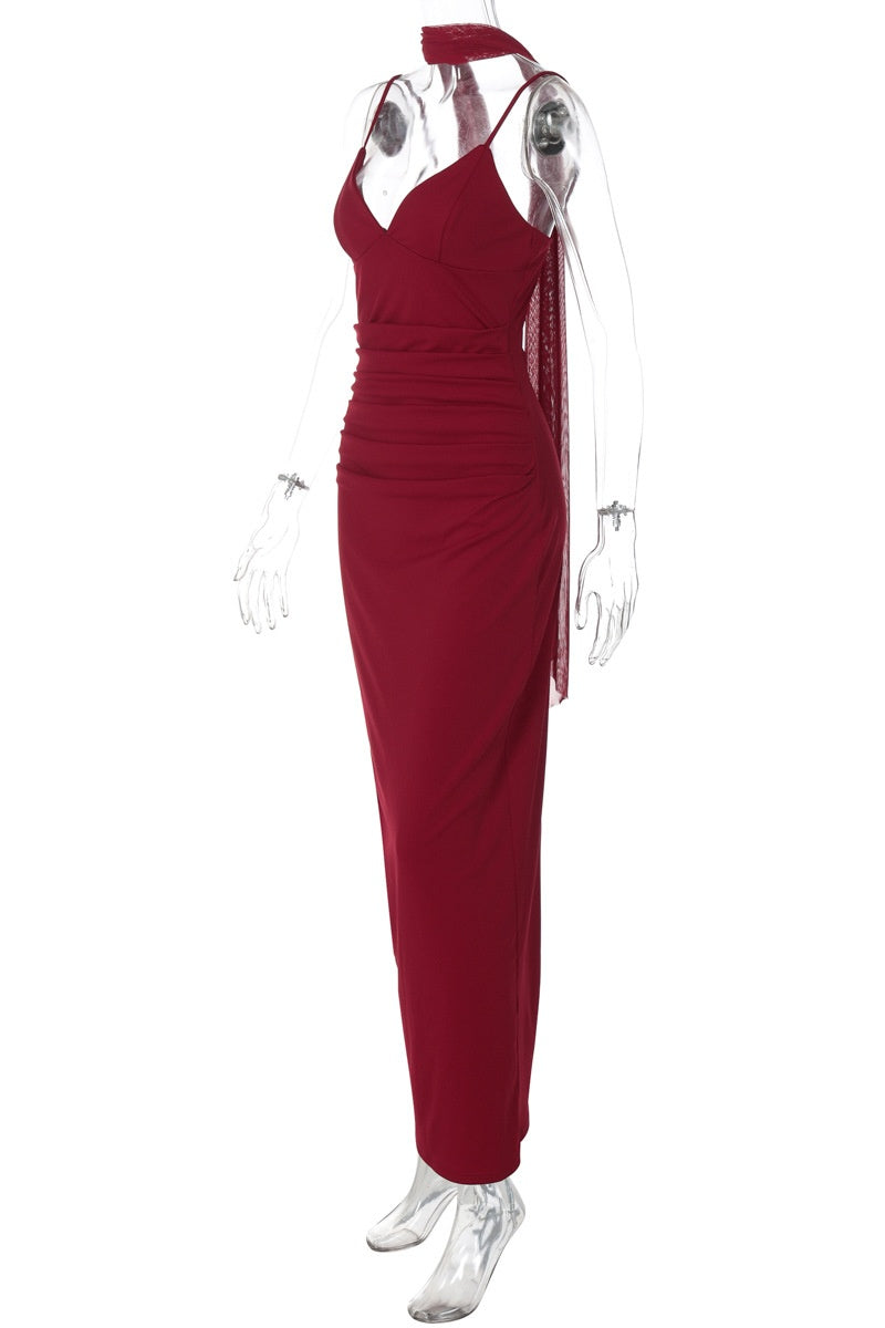 Wine Red V Neck Fitted Long Maxi Dress