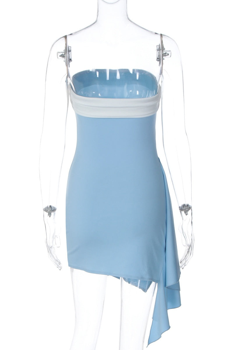 Blue Strapless Ruched Tight Mini Dress