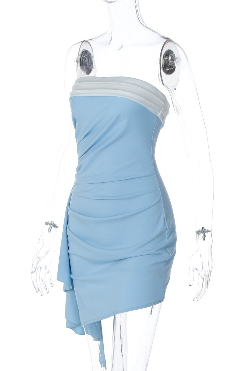 Blue Strapless Ruched Tight Mini Dress