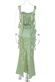 Green Ruffle Straps Fitted Long Maxi Dress