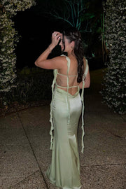 Green Ruffle Straps Fitted Long Maxi Dress